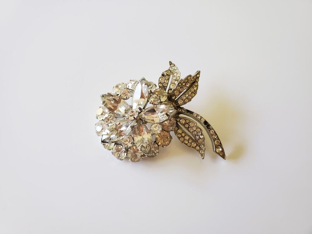 Vintage Clear Rhinestone Floral Brooch